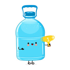Cute funny Plastic Water Bottle hold gold trophy cup. Vector hand drawn cartoon kawaii character illustration icon. Isolated on white background. Plastic Water Bottle with winner trophy cup
