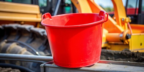 Close up photo of bright red bucket teeth on construction machinery, red, bucket, teeth, construction, machinery