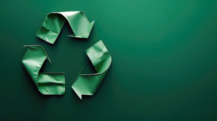 Global Recycling Day. Green paper recycling symbol, green background. Horizontal banner. Copy space. America Recycles Day. Eco concept of reduce, reuse, save the planet, environmental preservation