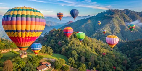 Fototapeta premium Colorful hot air balloons flying over mountains at Doi Inthanon in Chiang Mai, Thailand, hot air balloons, colorful