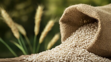 A burlap sack spilling out grains, capturing the raw and organic feel of the material, with a rustic farmhouse setting in the background