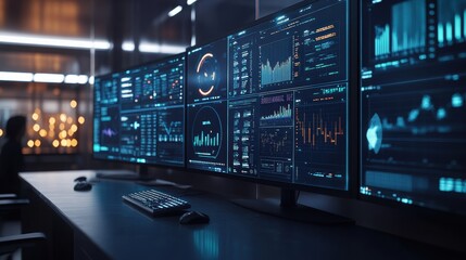 A modern workstation featuring multiple monitors displaying data analysis, charts, and graphs, emphasizing technology and data-driven decision-making.
