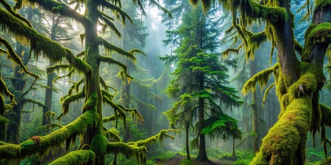 Dense, vibrant moss clings to gnarled branches of ancient spruce and pine trees, evoking mystique in a misty, emerald-hued Pacific Northwest forest landscape.