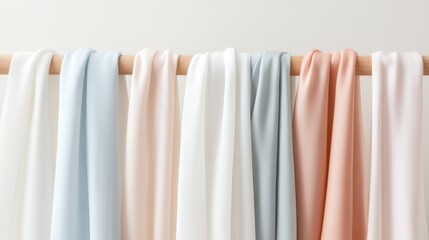 A collection of soft Supima cotton fabrics in pastel colors, elegantly draped over a wooden frame, emphasizing their luxurious texture
