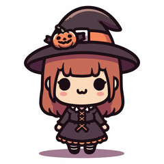 Happy halloween greeting card with cute witch, spooky pumpkin. Holidays cartoon character. Cute girl with Halloween costume, cartoon, color, simple, outline, plain background
