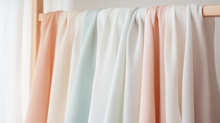 A collection of soft Supima cotton fabrics in pastel colors, elegantly draped over a wooden frame, emphasizing their luxurious texture