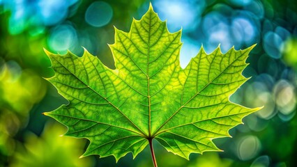 Fototapeta na wymiar Vibrant green maple tree leaf with delicate veins and edges, symbolizing growth, vitality, and the beauty of nature, perfect for environmental conservation representations.