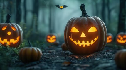 Obraz premium A spooky Halloween scene featuring illuminated pumpkins and a flying bat in a misty forest, perfect for holiday-themed projects.