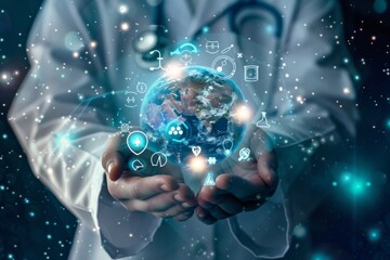 A futuristic representation of the world of medical technology, featuring hands holding the Earth surrounded by various health symbols, enhanced by digital design elements and glowing light effects th