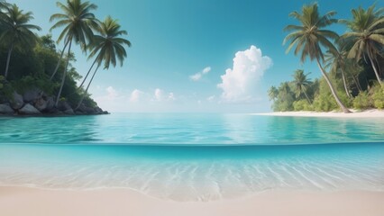 Tropical beach with palm trees and white sand at sunny day