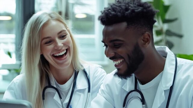 Medical experts, smiling and reviewing data on a laptop, having a constructive conversation. vidio 4k
