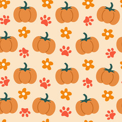 cute hand drawn seamless vector pattern background illustration for thanksgiving holiday with pumpkins, yellow daisy flowers and red paw prints 