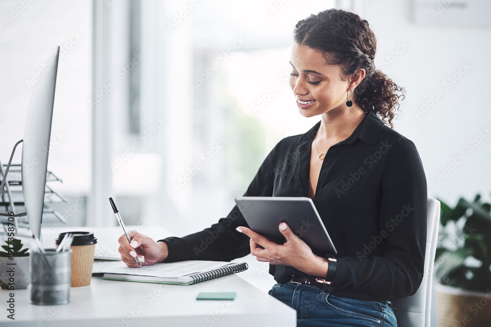 Poster thinking, business and woman at desk, tablet and writing with feedback, computer and review progress