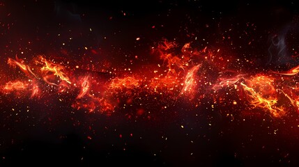 A jet of red fire burns with spreading sparks, creating a dramatic scene on a black dark background. This sharp contrast accentuates the power and warmth of the fire, providing an intense and stunning