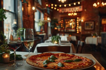 An intricate shot of a mouthwatering pizza with herbs on top in a tiny comfy Italian pizzeria with a murky backdrop and vacant space, Generative AI.