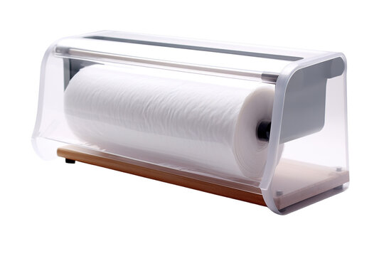 Modern Kitchen Essential: A Sleek, Clear Plastic Wrap Dispenser With a Wood Base on a White or Clear Surface PNG Transparent Background