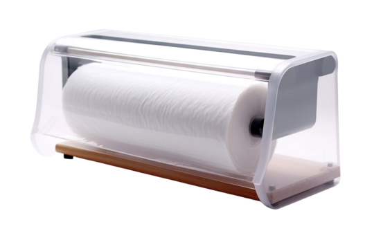 Modern Kitchen Essential: A Sleek, Clear Plastic Wrap Dispenser With a Wood Base on a White or Clear Surface PNG Transparent Background