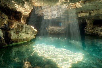 Naklejka premium A hidden grotto with a crystal-clear pool, soft light rays filtering through the opening, creating shimmering reflections and a serene, mystical ambiance