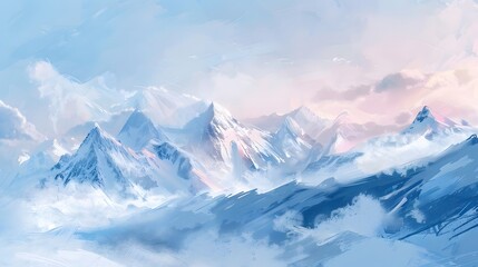 Snow-covered mountain landscape with peaks and a cold winter sky