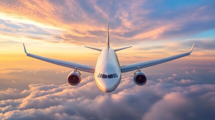 Airplane Flying Above the Clouds at Sunset