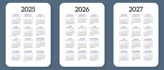 2025, 2026 and 2027 calendar set. Vector pocket calender design. Week starts on Sunday. January, February, March, April, May, June, July, August, September, October, November, December