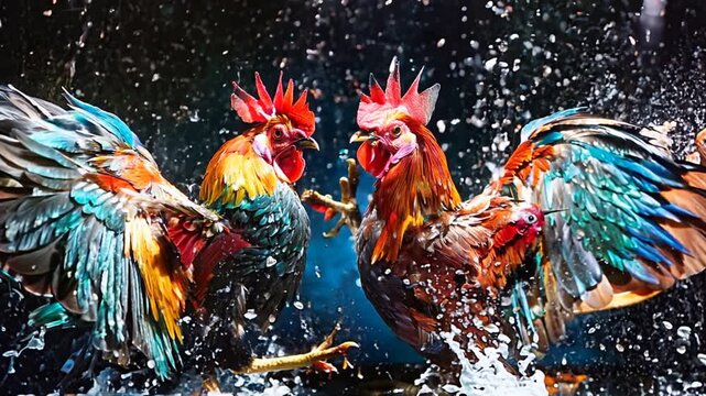 Two fighting cocks are fighting.