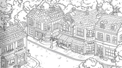 Naklejka premium Clear line art map of a village hair salon, perfect for coloring, on a pure white base.