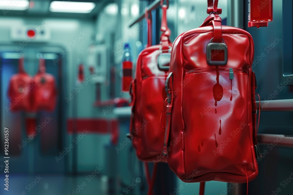 Wall mural A row of red bags hanging from a wall, useful for commercial or domestic storage purposes