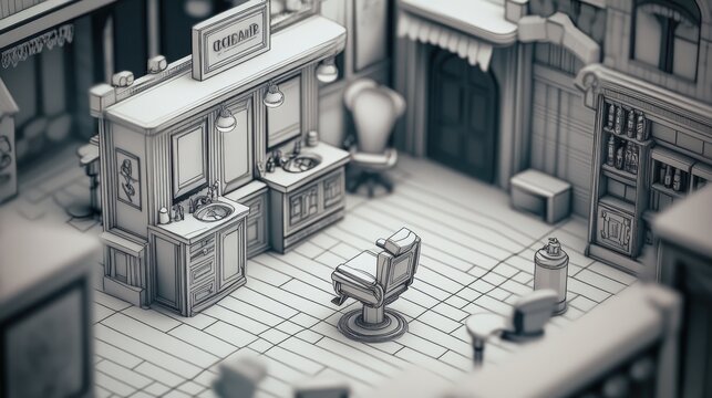 Clear and detailed map of a village barber shop, using thick and thin black lines on a pure white base.