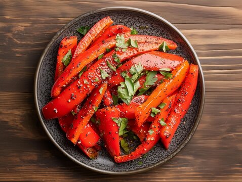 Photo of seasoned cooked and garnished red bell pepper strips on a plate, on a wooden table 4