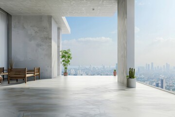 Modern rooftop terrace with minimalist design, featuring wooden furniture and potted plants against a city skyline, captured in bright daylight with detailed textures of concrete flooring and neutral 