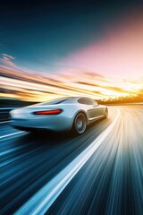 Fototapeta premium Fast car racing on road showing speed and power. High speed car, automotive speed