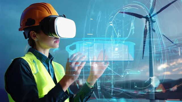 An engineer uses AI holographic tools to monitor the real-time performance of wind turbines, enhancing green energy output. vidio 4k