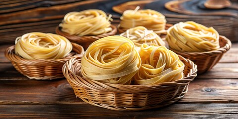 Delicate, handcrafted noodles, air-dried to perfection, arranged artfully in a woven basket, evoking a sense of Italian tradition and homemade culinary expertise.