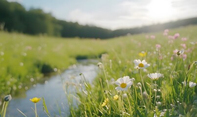 Tranquil Wildflower Meadow with Brook, Generative AI