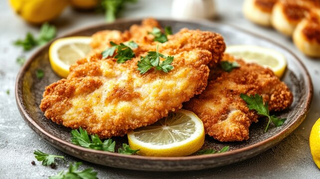 Crispy Fried Chicken Cutlets with Lemon Wedges and Parsley