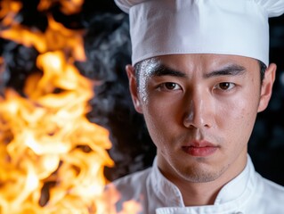 Serious chef in front of flames