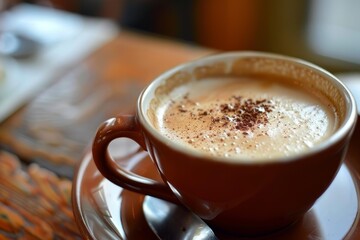 Obraz premium Steaming cup of coffee with chocolate powder sits on a saucer on a rustic wooden table, ready to be enjoyed