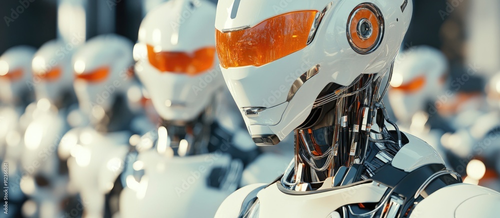 Poster 3d rendering of advanced droid robots and cyborgs in ai research for future living innovative digita