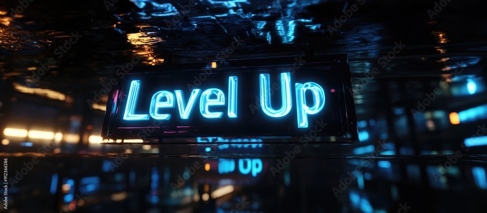 Poster 3d rendering of level up text featuring technological glitches and visual interference effects