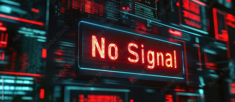 Poster 3d rendering of a no signal message featuring dynamic visual effects and technological glitches show