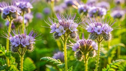 Delicate pale violet flowers of Phacelia tanacetifolia, a melliferous plant with fern-like foliage, bloom in a lush cluster, attracting pollinators in a sunny meadow scene.