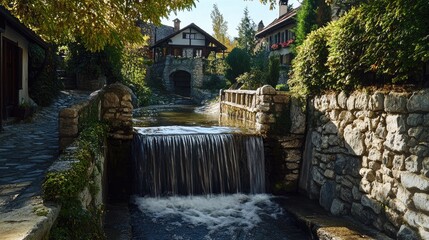 A small but charming waterfall in a quaint village setting, surrounded by rustic bridges and stone paths.
