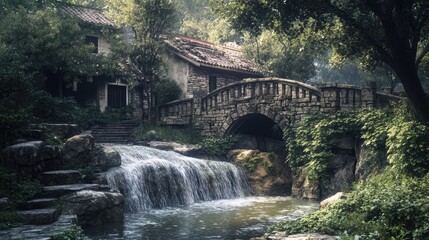 Fototapeta premium A small but charming waterfall in a quaint village setting, surrounded by rustic bridges and stone paths.