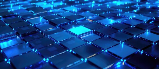 Fototapeta premium Abstract blue mosaic background featuring LED squares emphasizing a digital technology concept Vibrant pixel grid design in a three dimensional rendering
