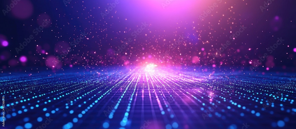 Poster abstract futuristic blue and violet shiny perspective square hud with particle mosaic grid and dotte
