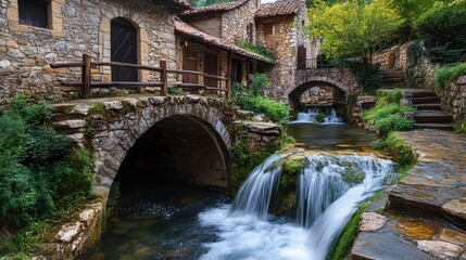 Fototapeta premium A small but charming waterfall in a quaint village setting, surrounded by rustic bridges and stone paths.