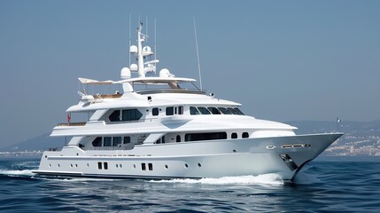 Luxurious Yacht Cruising on Calm Waters, Elegance Afloat with Modern Amenities, Serene Oceanic Experience, Prestige and Comfort at Sea, Sailing towards a Golden Sunset, Opulent Marine Lifestyle.