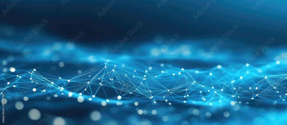 Poster artificial intelligence network with interconnected lines and dots in a polygonal design on a blue b