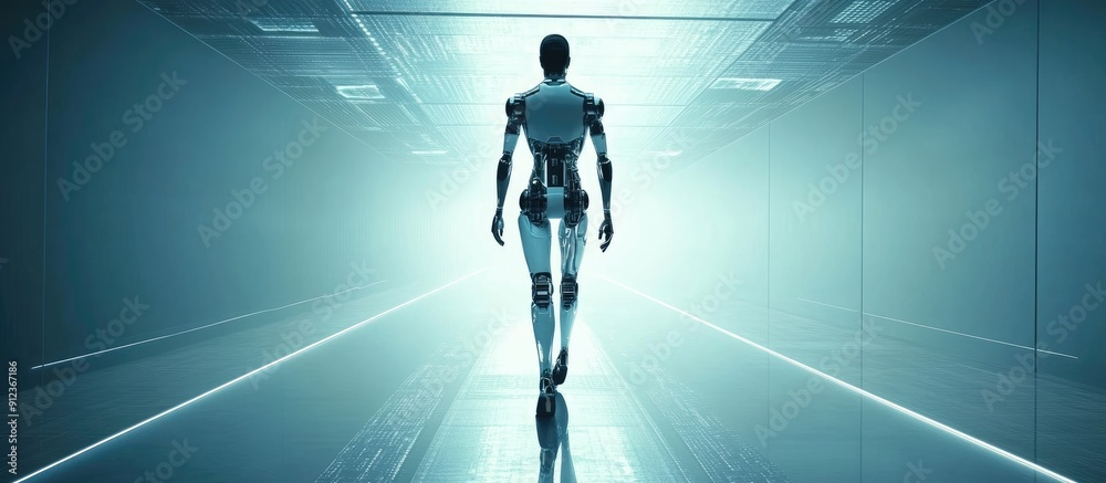 Poster advanced robot walking in a high tech environment futuristic 3d render of technology